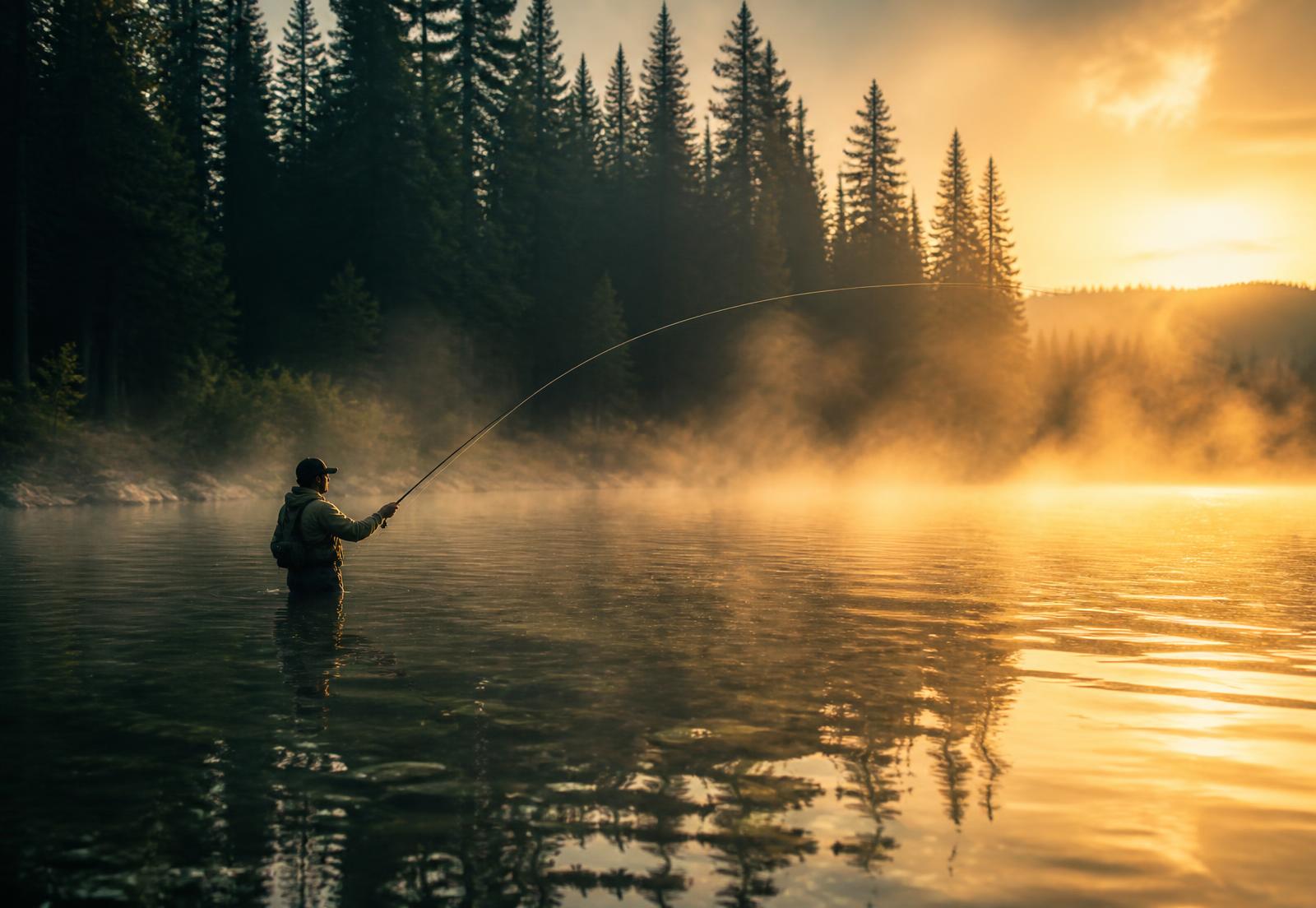 Angler playing a fish at sunrise on a misty lake